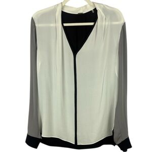 Elie Tahari 100% Silk Elegant Black White Black & Gray V-Neck Blouse Size Medium